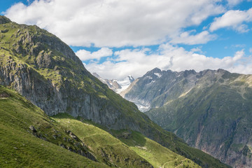 View closeup mountains scene, route great Aletsch Glacier