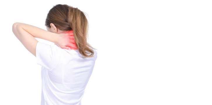 Woman neck pain on white background isolation