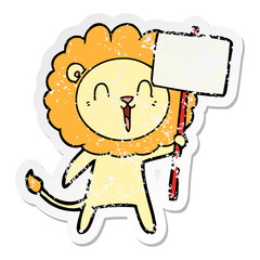 distressed sticker of a laughing lion cartoon with placard