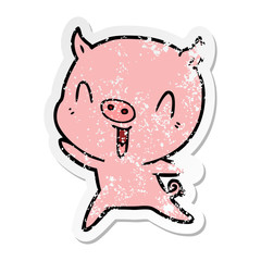 distressed sticker of a happy cartoon pig