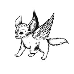 The small cute fox with angel wings. Running little creature. Illustration with motion fox.