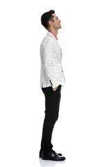 side view of a happy elegant man dreaming away