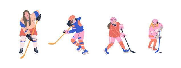Fototapeta na wymiar Ice hockey vector colorful collection with young and adult female players. Flat trendy cliparts. Isolated cartoon illustrations