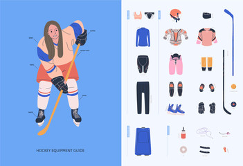 Ice hockey equipment guide for adult female player. Isolated flat vector illustration.  