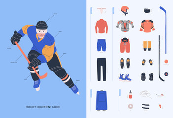 Ice hockey equipment guide for adult male player. Isolated flat vector illustration.  