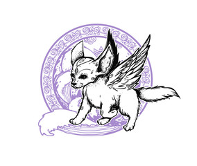 The small cute fox with angel wings. The fox running through the waves. Graphic emblem. Illustration with motion fox.