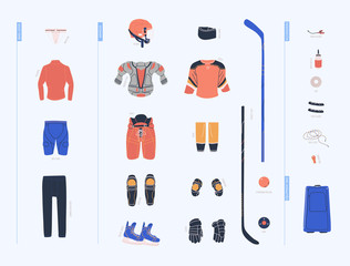 Ice hockey vector colorful collection with male hockey equipment such as under armour clothes, armour, helmet, accesorries, stick, puck and so on. Flat trendy cliparts. Isolated cartoon  illustrations