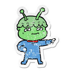 distressed sticker of a friendly cartoon spaceman