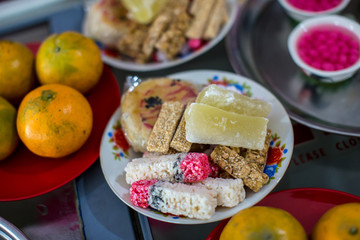 Chinese wedding sweets, ingredients is sugar, black sesame and powder. traditional cuisine in cerebration. image for copy space and objects. Sweets use  in wedding ceremony to bless the life is sweet.