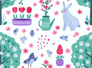 Colorful spring funny vector seamless pattern with flowers, birds and rabbit.