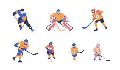 Fototapeta na wymiar Ice hockey vector colorful collection with young and adult male players. Flat trendy cliparts. Isolated cartoon illustrations