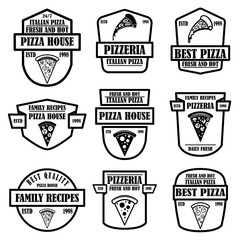 Set of pizza house, pizzeria emblems. Design element for poster, logo, label, sign.