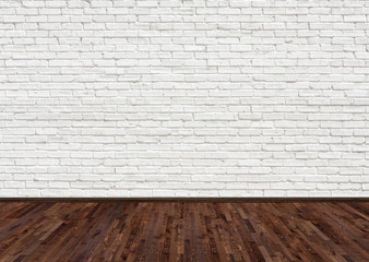 Empty room with dark brown ash wood floor and old white painted brick wall. Empty loft room for...