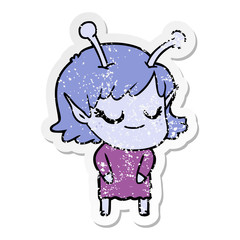 distressed sticker of a smiling alien girl cartoon