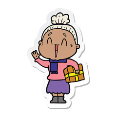sticker of a cartoon happy old lady