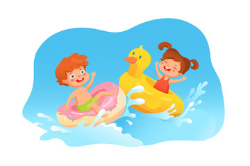 Obraz na płótnie Canvas Kids swimming at sea flat vector illustration
