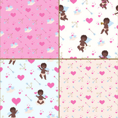 Collection of seamless patternes for Valentines day with funny african cupids