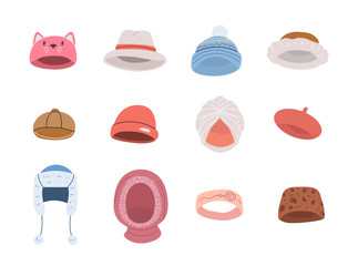 Collection of cute hats for cold winter weather such as beanie,hoodie,cap,beret,feodora and so on. Vector set in cartoon style. Isolated objects on white background.