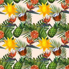 Beautiful hand drawn pattern with tropical palm, coconuts, pineapples, flip flops and sunglasses. Watercolor seamless pattern, summer background