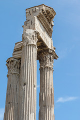 Pillars and ruins of the Vespasian Temple in Forum Romanum. Rome. Italy. Vertically. 