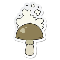 sticker of a cartoon mushroom with spore cloud