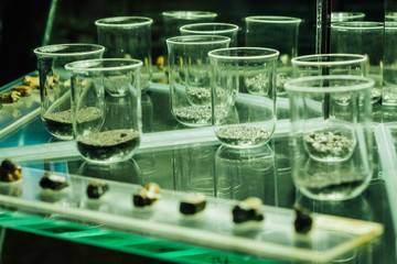 Stones and minerals in glass cabinets