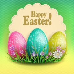 Composition of a light green shade with a round figured frame and three Easter eggs,