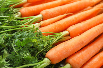 Ripe fresh carrots as background, space for text
