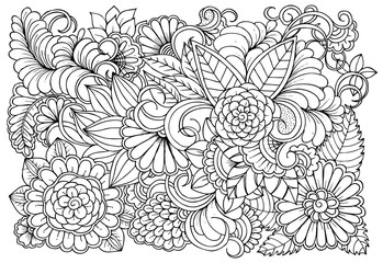 Vector black and white colorin page for colouring book. Leafs and flowers  in monocrome colors. Doodles pattern