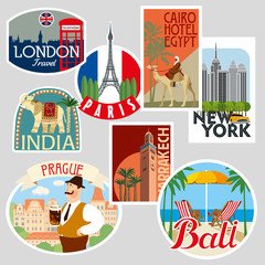 Set of travel stickers. Cities of the world. Vector illustration