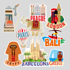 Set of travel stickers. Different countries and cities. Vector illustration