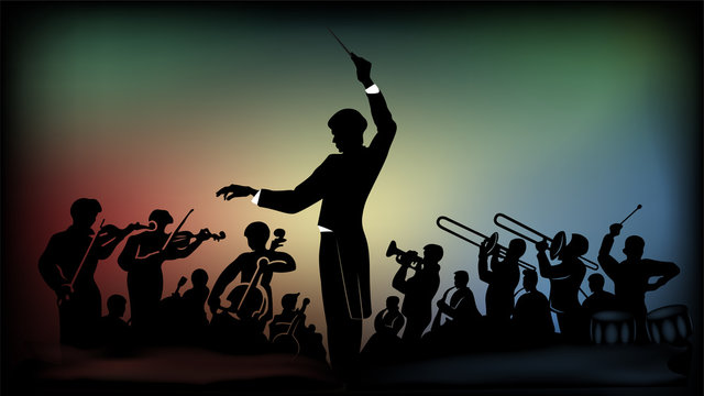 Flat monochromatic silhouette of an orchestra under the direction of a conductor against the background of bright multi-colored spots from spotlights