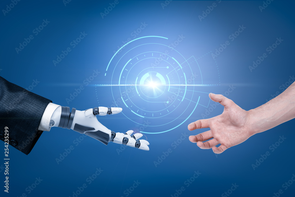Poster robot's hand in suit and man's hand reaching out for handshake with spherical hologram object in the