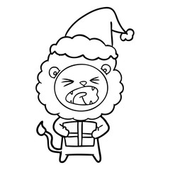 line drawing of a lion with christmas present wearing santa hat