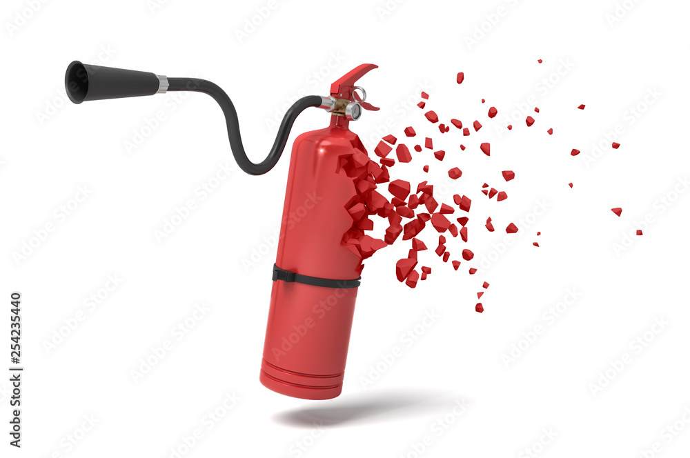 Poster 3d rendering of red fire extinguisher starting to dissolve into particles on white background.