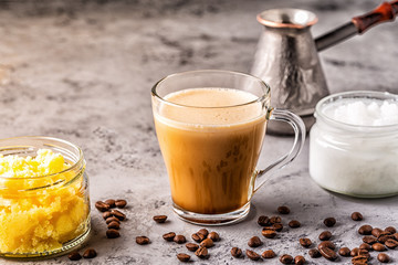 Coffee blended with ghee butter and MCT coconut oil.