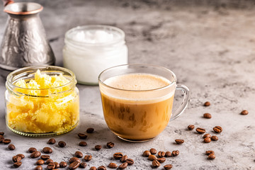 Coffee blended with ghee butter and MCT coconut oil.