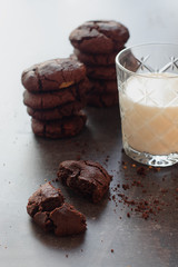 Homemade fresh baked chocolate chip cookes with a glass of milk