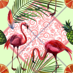 Watercolor tropical wildlife flamingo pattern. Hand Drawn jungle nature, flowers illustration