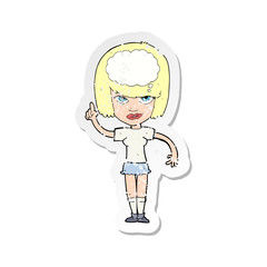 retro distressed sticker of a cartoon woman with idea