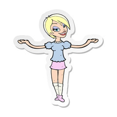 sticker of a cartoon woman making open arm gesture