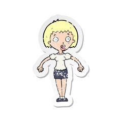 retro distressed sticker of a cartoon confused woman shrugging shoulders
