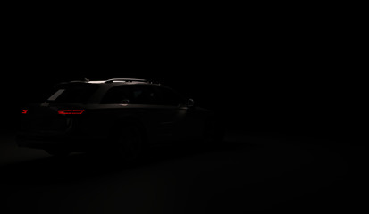 Obraz na płótnie Canvas Stylish car on a black background with led lights on. Futuristic modern vehicle head light xenon on dark. 3d render