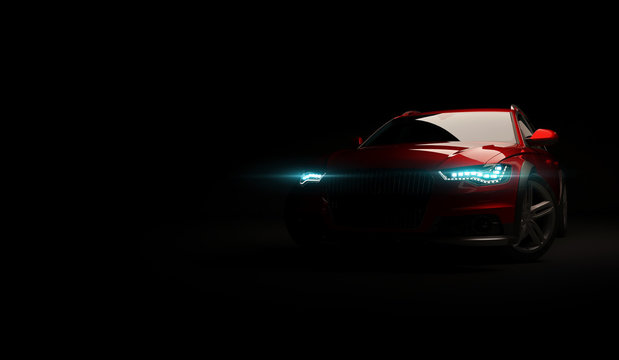 Stylish car on a black background with led lights on. Futuristic modern vehicle head light xenon on dark. 3d render