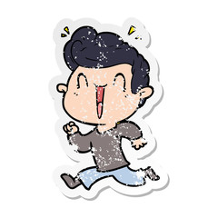distressed sticker of a cartoon excited man