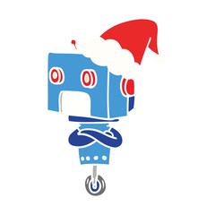 flat color illustration of a robot wearing santa hat