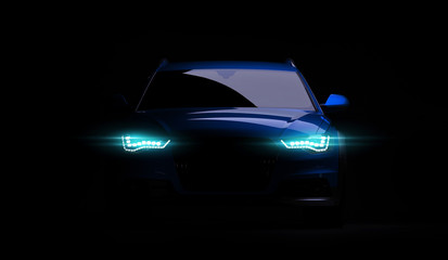Fototapeta na wymiar Stylish car on a black background with led lights on. Futuristic modern vehicle head light xenon on dark. 3d render