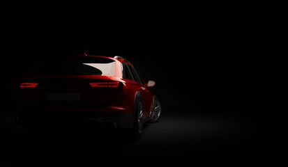 Obraz na płótnie Canvas Stylish car on a black background with led lights on. Futuristic modern vehicle head light xenon on dark. 3d render