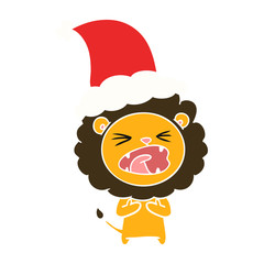 flat color illustration of a lion wearing santa hat