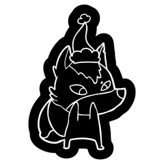 shy cartoon icon of a wolf wearing santa hat